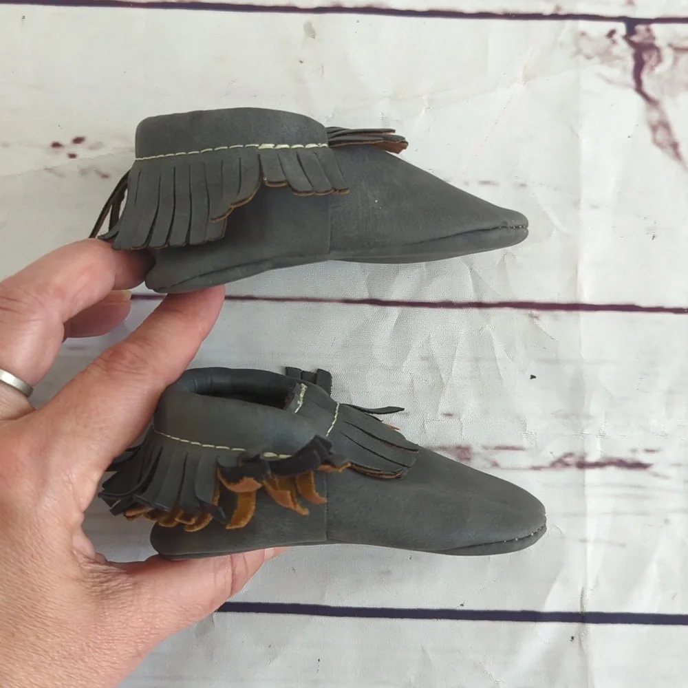 First Steps baby toddler shoes moccasins, two pairs gray & brown, size 2